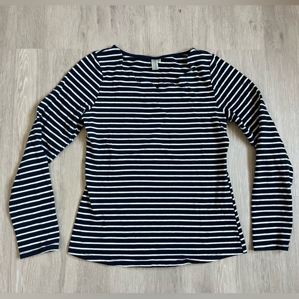 Hayden Los Angeles Scallop Neck Navy and White Striped Cotton Long Sleeve Med